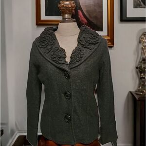 Marisa Christina Boil Wool Black Floral Neck Design Jacket Size Petite Small